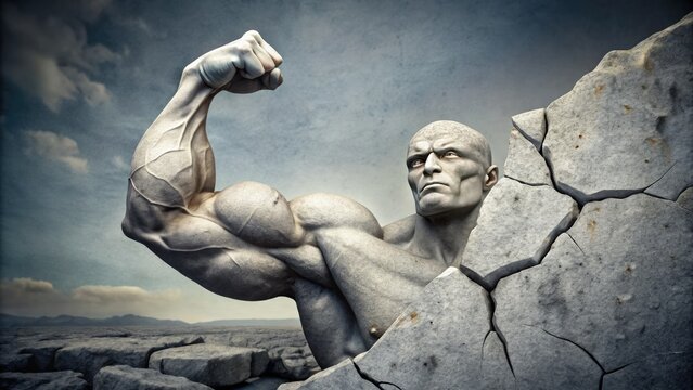 A split stone statue reveals a powerful, flexed arm emerging from a cracked, fragile base, symbolizing the coexistence of inner strength and vulnerability.