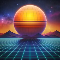 A vibrant 3D illustration of a retro futuristic orange sphere rising over a pixelated landscape.