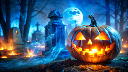 Halloween background, close-up of glowing pumpkin with blurry ghostly graveyard.