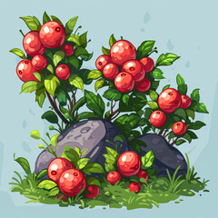 A vibrant illustration of a berry bush with ripe red fruits and green leaves, set against a soft background, perfect for nature-related content, gardening guides, and natural product advertisements,