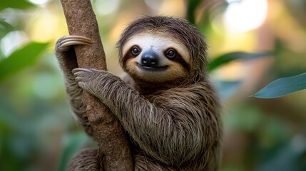 Fototapeta premium Smiling Sloth Hanging on a Branch