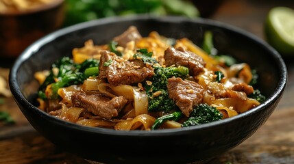 Beef Pad See Ew with broccoli in black bowl
