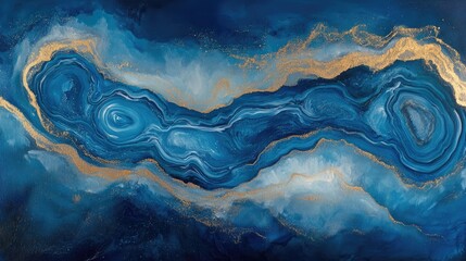Abstract ocean oil painting featuring swirls reminiscent of marble and agate ripples showcasing stunning blue tones accented with gold powder embodying a natural luxury style