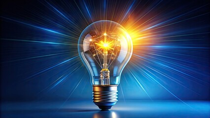 A stylized, isolated lightbulb icon with glowing filament and radiant energy lines, set against a bright blue background, symbolizing innovative ideas and creativity.