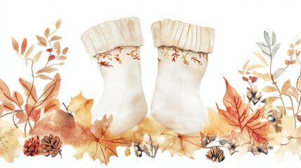 Cozy autumn socks surrounded by colorful leaves and pine cones, perfect for seasonal decor and fall-themed designs.