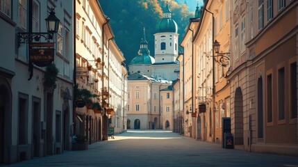 Obraz premium The peaceful streets of Salzburg, Austria, with historic buildings and scenic views, captured without any people.