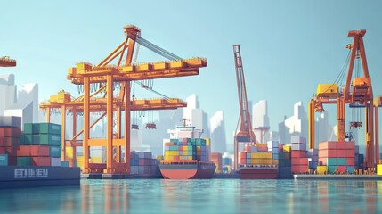 Cranes working at a busy sea port, with containers being lifted and moved between ships and the dock. Emphasizes logistics and shipping efficiency.