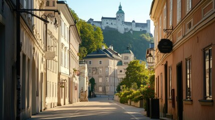 Obraz premium The peaceful streets of Salzburg, Austria, with historic buildings and scenic views, captured without any people.