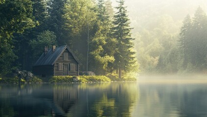 Fototapeta premium Cabin by the Lake in a Misty Forest