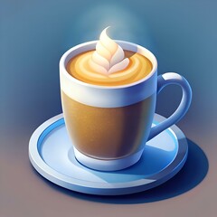 A charming 3D illustration of a steaming cup of latte art coffee on a blue saucer.