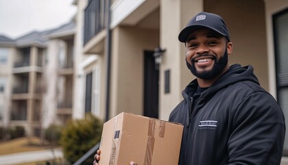 A dedicated delivery worker holds a package with confidence while standing outdoors, embodying the spirit of the delivery job.
