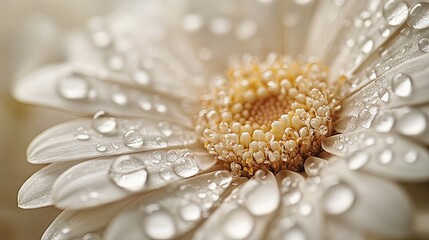 Detailed image of a flower with intricate water droplets on its petals, highlighting the textures and natural beauty of the flower in a serene setting