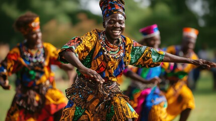 A traditional African dance troupe performing a high-energy routine in colorful attire, their...