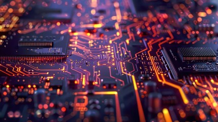 Fototapeta premium technological tapestry intricate electronic circuit board with glowing pathways motherboard macro abstract tech photography