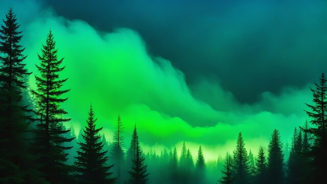 neon green light contour of an abstract shape ensconced by a mist laden forest scene a multiplicity