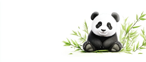 Clean and simple design of a playful panda sitting among bamboo shoots on a serene white background