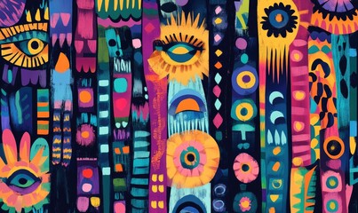 Bohemian style greeting card design featuring colorful ethnic patterns in a 2D cartoon illustration