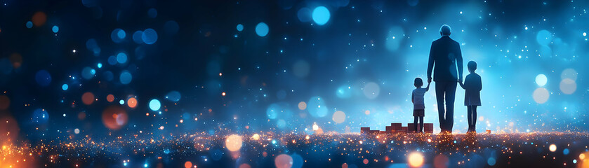 Fototapeta premium Glowing Abstract Grandparents and Grandchildren Playing concept as A dynamic digital art banner featuring glowing abstract icons of grandparents and grandchildren playing together. The design radiates