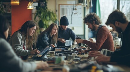 Diverse individuals collaborate at a community repair cafe to fix electronics, embracing ethical consumption and slow tech principles