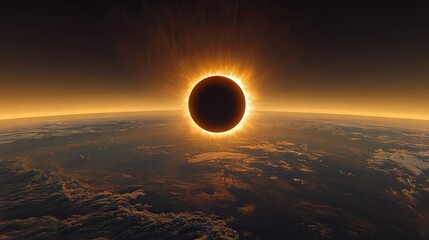 Detailed image of the solar eclipse with a clear view of the sun corona and the moon shadow casting over the earth, set against a twilight sky.