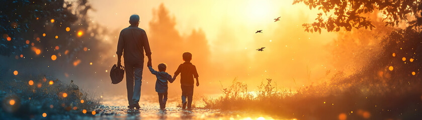 Glowing Abstract Grandparents and Grandchildren Playing concept as A dynamic digital art banner featuring glowing abstract icons of grandparents and grandchildren playing together. The design radiates