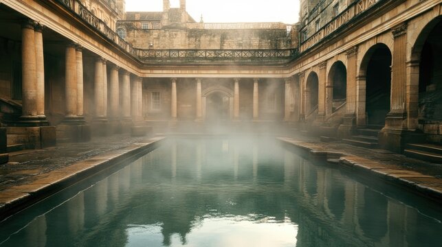The Roman baths in Bath, England, with ancient architecture and steaming waters, completely devoid of people.