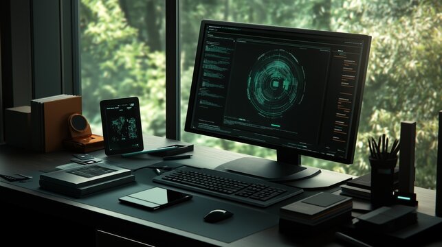 Minimalist home office setup with high-end computer showcasing an NFT marketplace and blockchain resources in natural light - Powered by Adobe