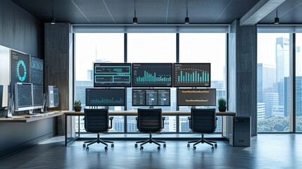Modern office workspace featuring multiple screens for AI development tools and analytics in a tech-focused environment
