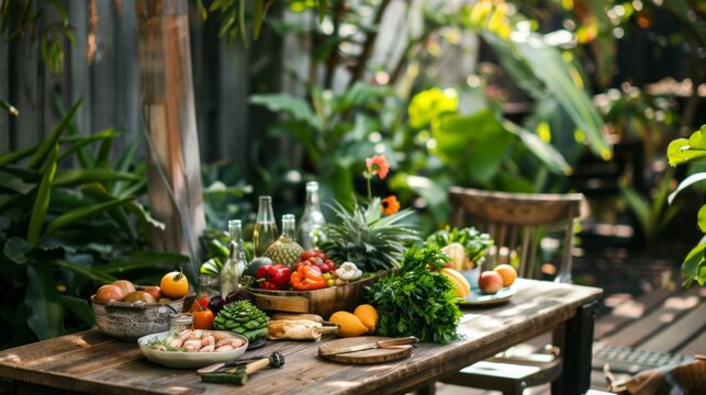 Outdoor table adorned with seasonal produce in a vibrant garden setting promoting plant-based diets