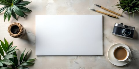 A clean and minimalist flat lay with a blank white card. a vintage camera. a cup of coffee. and lush greenery.