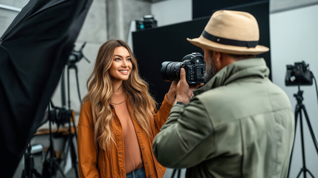 A photographer taking a professional portrait of a smiling woman in a studio. The woman is wearing casual clothing, and the studio is equipped with lighting and camera equipment.