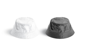 Blank black and white nylon bucket hat mockup, side view
