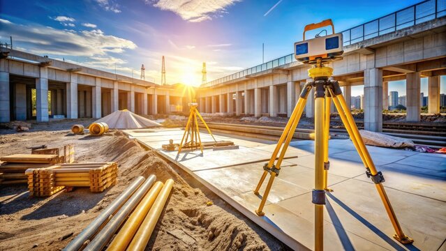 A tripod-mounted transit level sits atop a rugged concrete foundation amidst scattered blueprints and construction equipment on a sun-drenched building site.