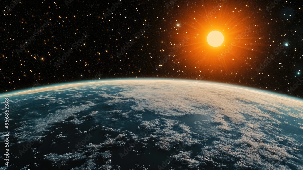 Poster cartoon rendering in 3d of the earth and sunflare from a space perspective
