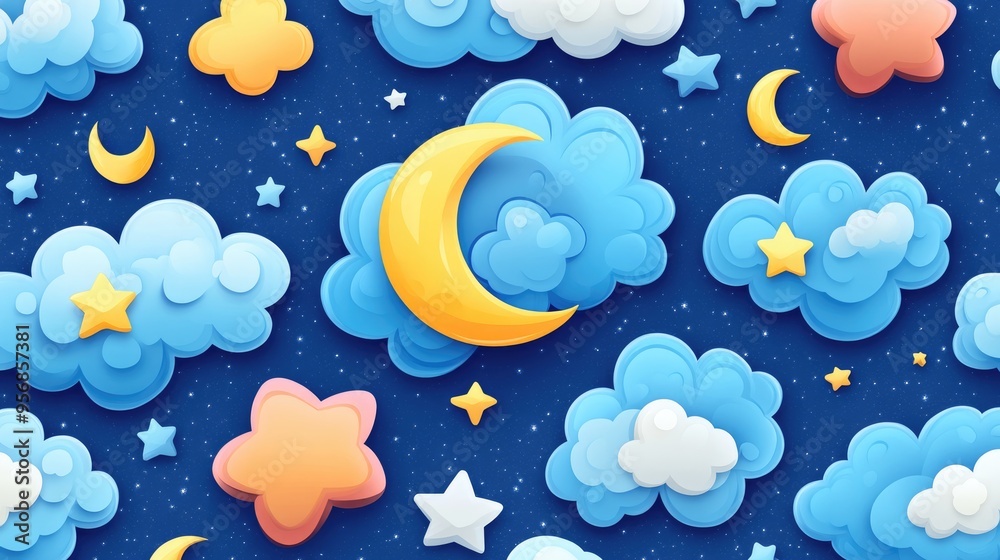 Poster seamless pattern featuring a 3d cartoon rendering of a starry night with moons stars and clouds boho