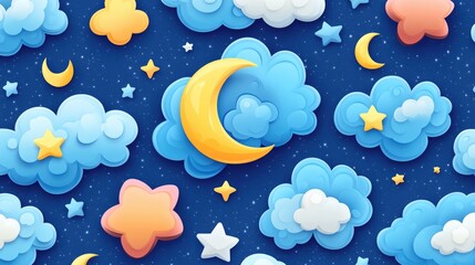 Seamless pattern featuring a 3D cartoon rendering of a starry night with moons stars and clouds Boho style decorative background suitable for wallpaper digital paper wrapping design fashion fabric