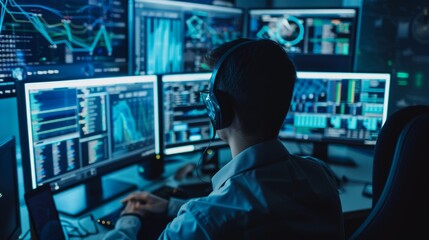 A professional analyzes AI data at a multi-monitor setup while adjusting software parameters in a tech environment