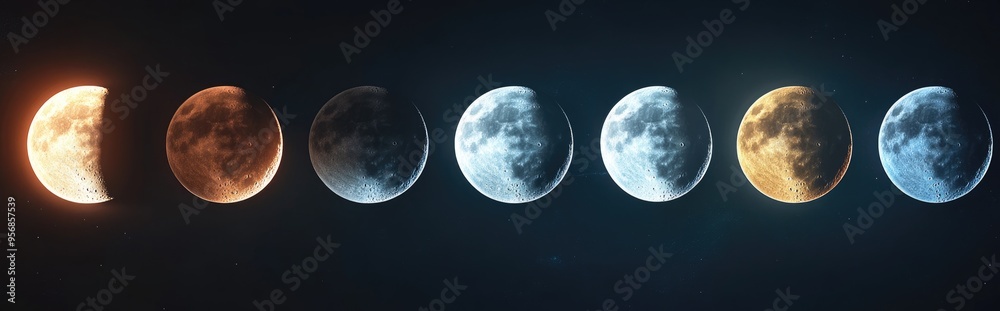 Poster line icons representing the phases of the moon 3d cartoon rendering graphic elements for your design