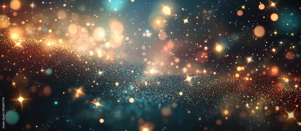 Poster Glowing particles stars and a sparkling flow create an abstract background in a 3D cartoon rendering with glitter