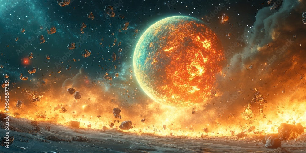 Poster cartoon rendering in 3d of a cosmic apocalypse