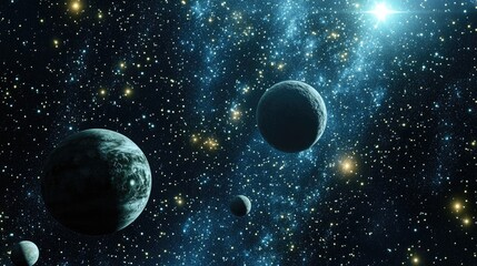 2D illustration featuring a 3D cartoon rendering A realistic star pattern background with empty interstellar space bright flashing stars planets and moons Various imaginative science fiction backdr