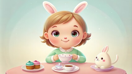 Fototapeta premium Girl with Bunny Ears and Bunny Enjoying Tea and Cupcakes