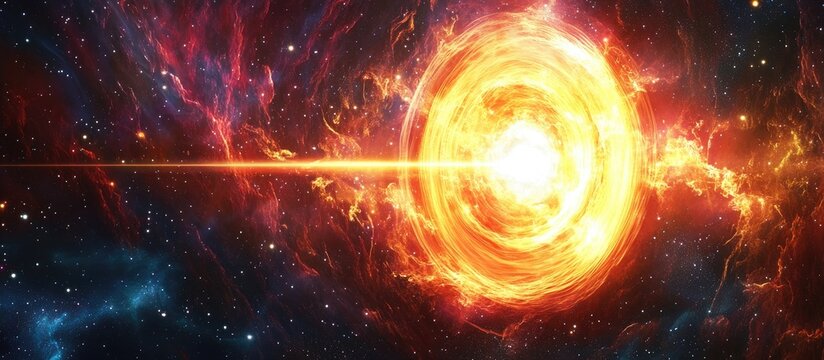 Wide shot of a revolving pulsar in a space nebula featuring a 3D cartoon rendering of high energy gamma ray bursts This illustration concept highlights astrophysics with blinking radiation flares