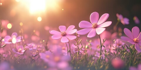 Cosmos flowers in nature featuring a sweet and blurry light pink and deep pink flower background rendered in 3D cartoon style