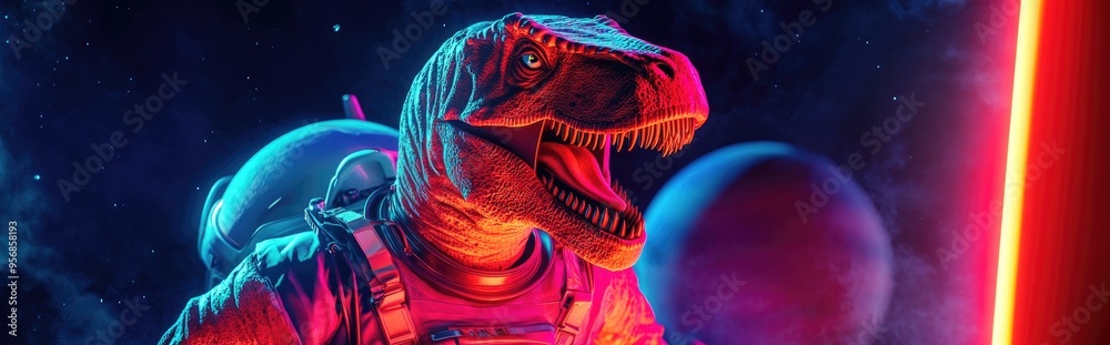 Aufkleber Funny T Rex dinosaur in a cosmonaut spacesuit rendered in 3D cartoon style alongside a rocket and planets