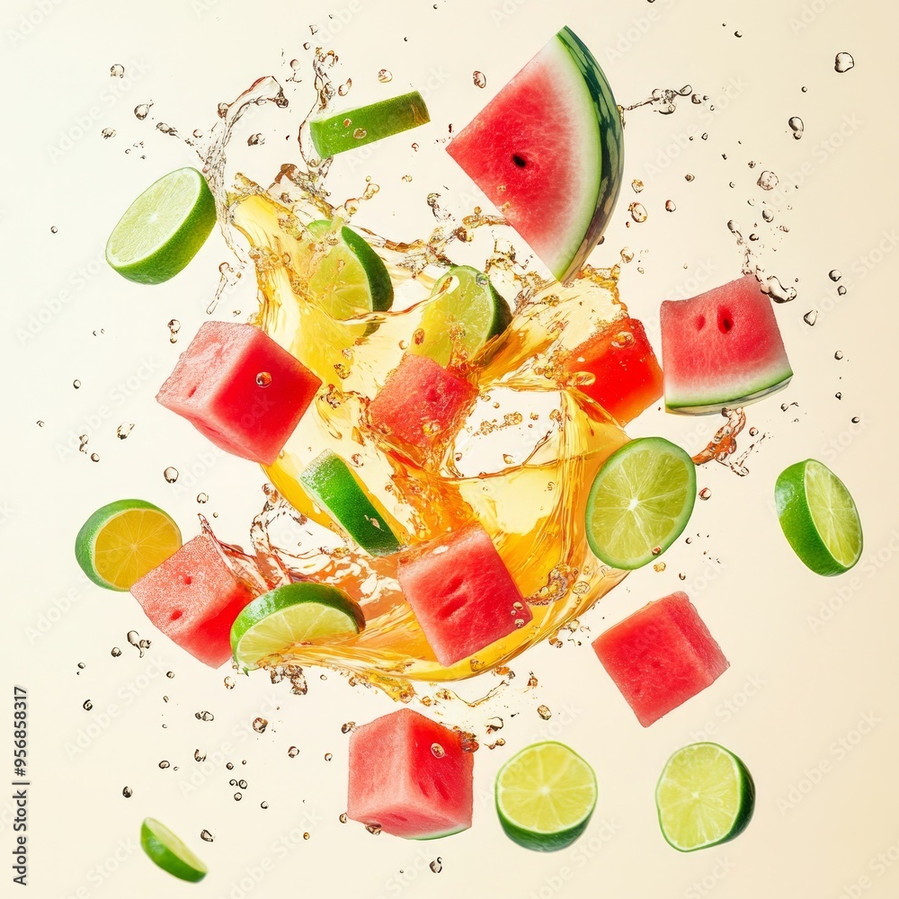 Wall mural Watermelon and lime slices splash in mid-air against a white background.