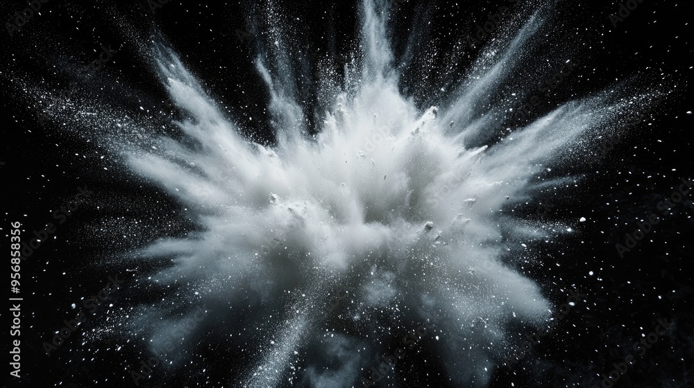 Poster freeze motion of white dust explosion on black background in 3d cartoon rendering stopping the movem