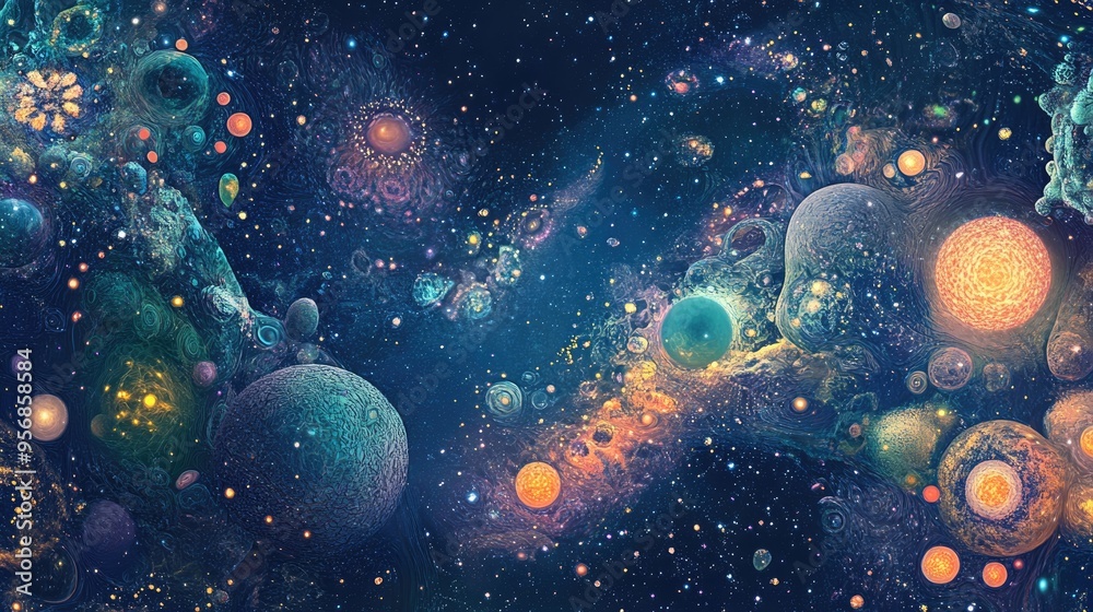 Poster Stylized image of the cosmos in a 3D cartoon rendering suitable for bandana print rug or wrapping paper