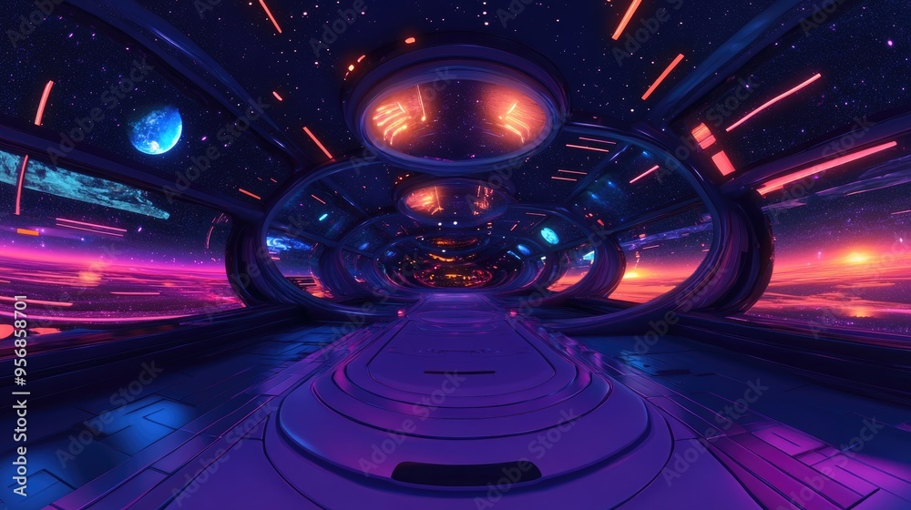 Aufkleber 360 panoramic background featuring space and modern lights in a 3D cartoon style rendering