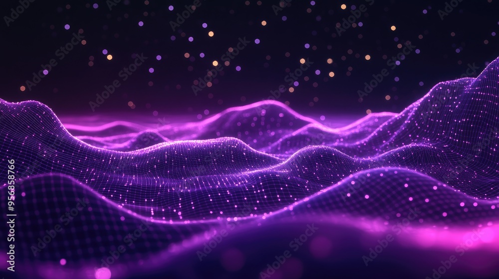 Aufkleber Abstract ultraviolet landscape on a dark background in a 3D cartoon rendering Violet starry outer space texture purple cyberspace grid and hi tech network Vertical image orientation 3D illustratio